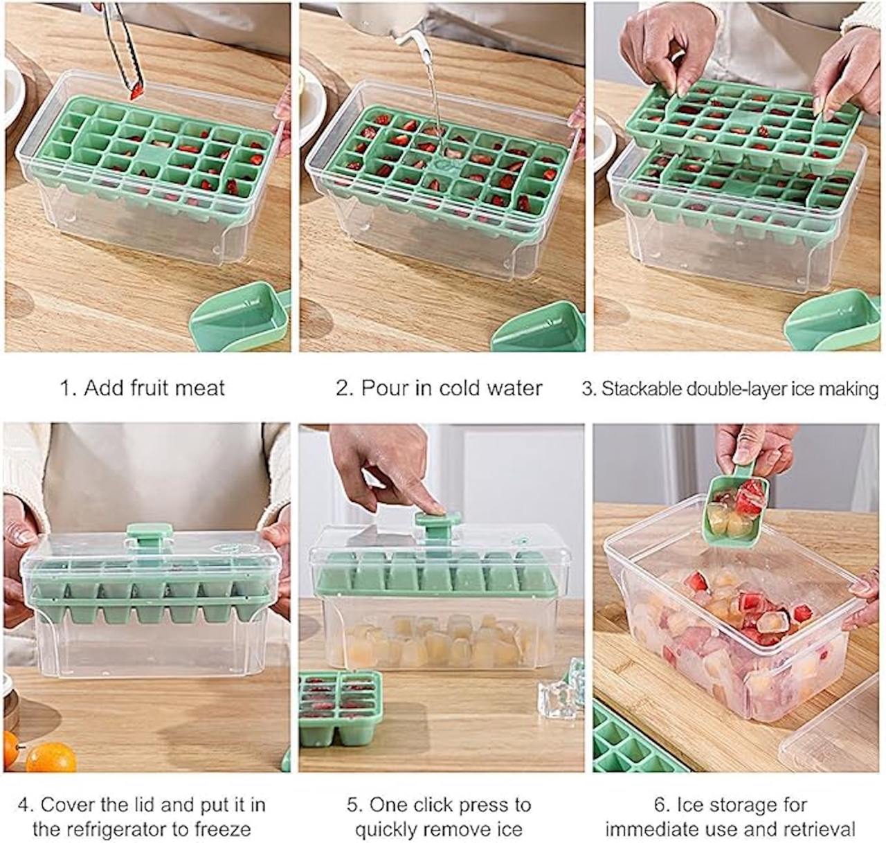 Ice Cube Tray With Bin & Lid - 68 Compartments