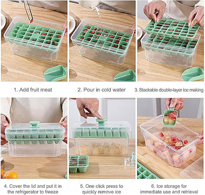 Ice Cube Tray With Bin & Lid - 68 Compartments